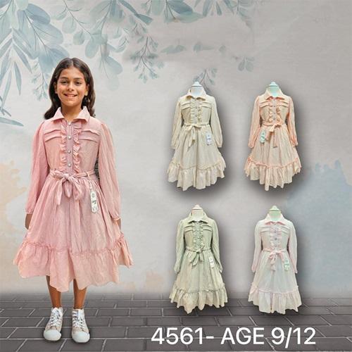 Enfetto 4561 Kız Çocuk Etek Ucu Parçalı Kemerli Elbise 9-12 Yaş