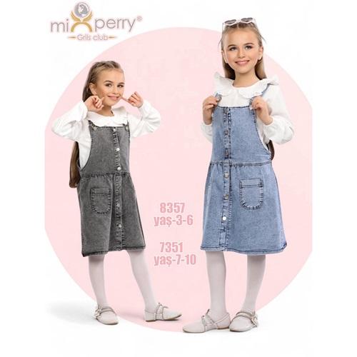 Mixperry 8357 Kız Çocuk Yaka Fırfırlı Önü Kopçalı Slopet Kot Elbise 7-10 Yaş