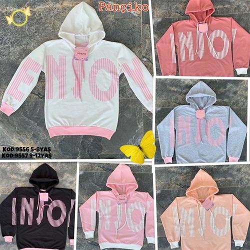 Pançiko 9556 Kız Çocuk 2 İp Enjoy Baskılı Kapşonlu Sweat 5-8 Yaş