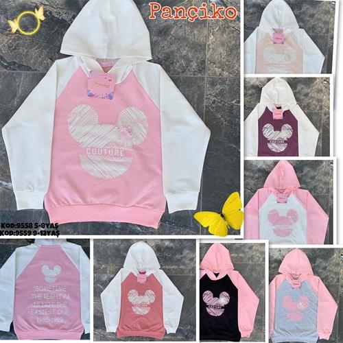 Pançiko 9558 Kız Çocuk 2 İp Mickey Baskılı Kapşonlu Sweat 5-8 Yaş
