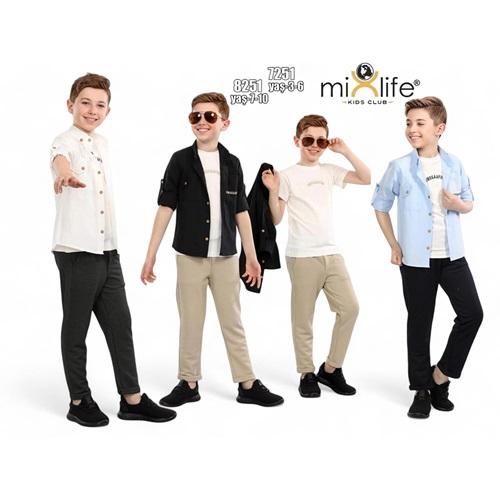 MixLife 7251 Erkek Çocuk Omegaafıne Nakışlı Çift Cepli Gömlekli 3 Lü Takım 3-6 Yaş