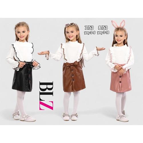 Blz 7153 Kız Çocuk Gömlekli Deri Etekli Takım 3-6 Yaş