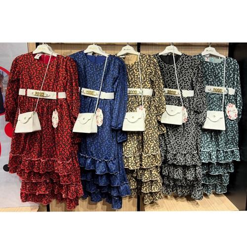 Leydi Lina 740 Kız Çocuk Helen Çıtır Desenli Çantalı Elbise 5-12 Yaş