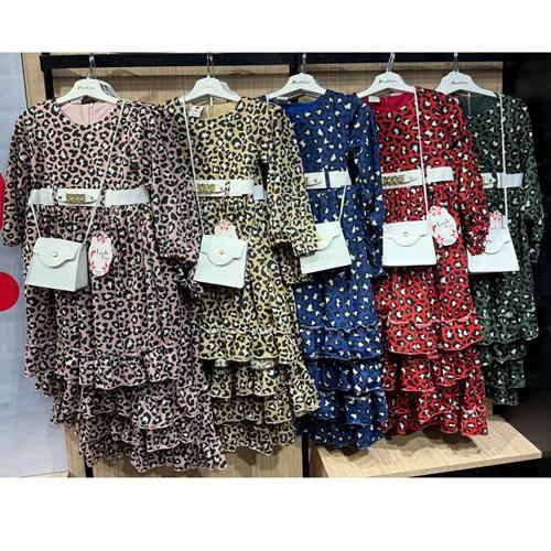 Leydi Lina 738 Kız Çocuk Helen Leopar Desenli Çantalı Elbise 5-12 Yaş