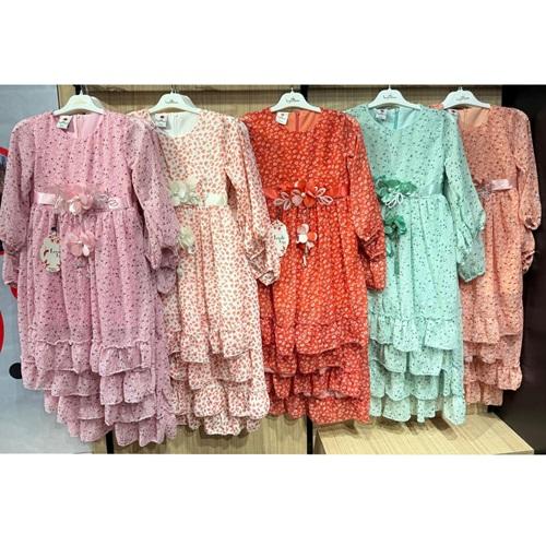 Leydi Lina 737 Kız Çocuk Viskon Desenli Kemerli Elbise 5-12 Yaş