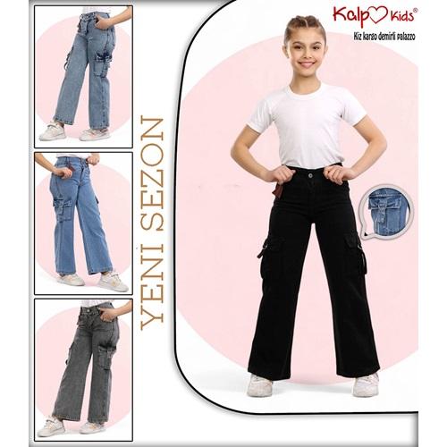 Kalp Kids 1774-1 Kız Çocuk Cotton Kargo Cep Bond AQua Blue Kot Pantolon 6-10 Yaş