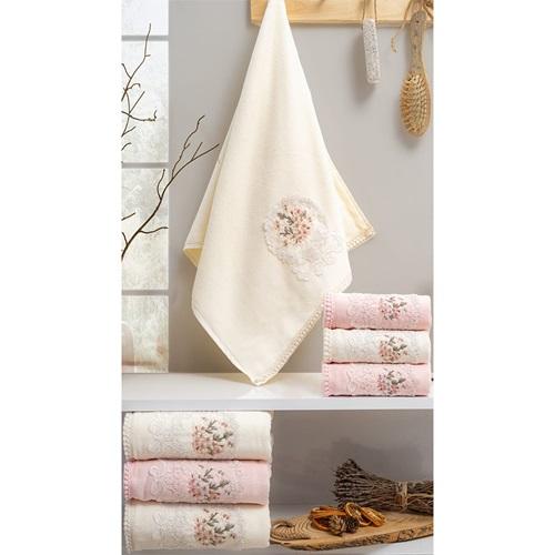 Hazangülü Kadife Pamuk Elit Kutulu Nakışlı El Yüz Havlusu 50X90 CM(6 Lı)