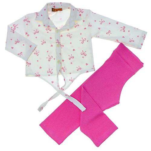 Pau Moda Kız Çocuk Kalp Kurdela Baskılı Bağlamalı Gömlekli Tayt Takım 7-11 Yaş