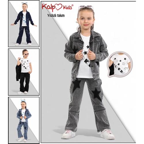 Puba 67950-1 Kız Çocuk Cotton Yıldız Nakışlı 3 Lü Kot Takım 2-5 Yaş