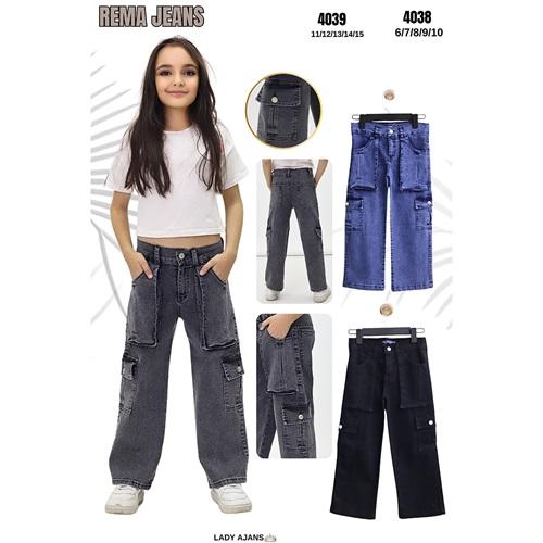 Ewzal 4038 Kız Çocuk Kargo Cep Ön Yapışma Körüklü Kar Yıkama Kot Pantolon 6-10 Yaş