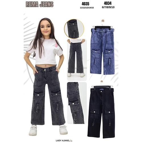 Ewzal 4035 Kız Çocuk Kargo Cep Ön Yapışma Altı Biyeli Kar Yıkama Enzim Kot Pantolon 11-15 Yaş