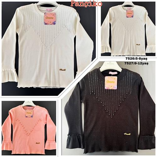 Pançiko 7526 Kız Çocuk Fitilli V Taşlı İncili Sweat 5-8 Yaş