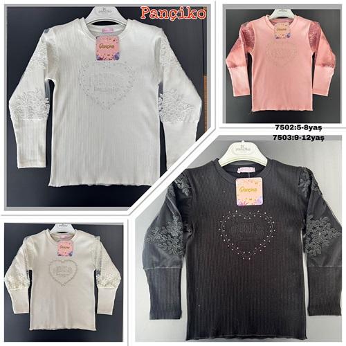 Pançiko 7502 Kız Çocuk Fitilli Kalp Gırls Nakışlı Kol Tüllü Sweat 5-8 Yaş