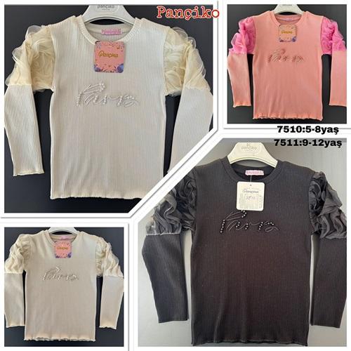 Pançiko 7510 Kız Çocuk Fitilli İncili Paris Nakışlı Kol Tüllü Sweat 5-8 Yaş