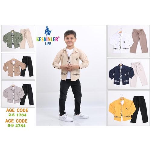 Keskinler Life 1784 Erkek Çocuk Cep Nakışlı Keten Gömlekli 3 lü Takım 2-5 Yaş