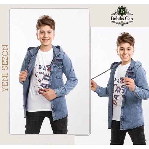 Bobiks 4712 Erkek Çocuk Kapşonlu Ges Penyeli Kot Gömlek Kar Yıkama Tişört Takım 13-16 Yaş