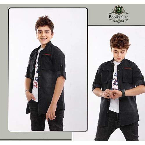 Bobiks 2710 Erkek Çocuk Şişme Cep Mini Penyeli Kot Gömlek Tişört Takım 5-8 Yaş