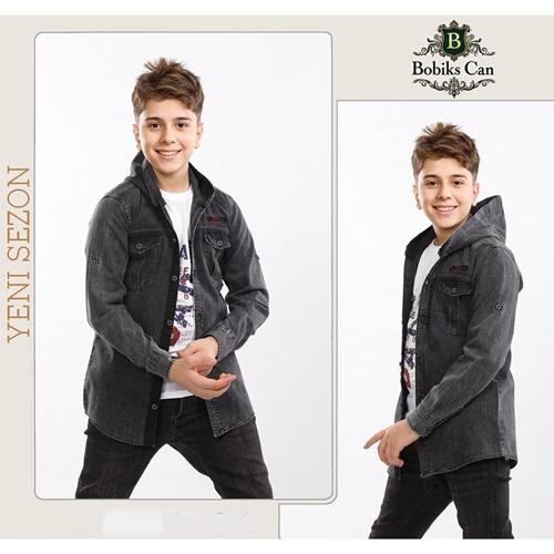Bobiks 4714 Erkek Çocuk Kapşonlu Ges Penyeli Kot Gömlek Tişört Takım 13-16 Yaş