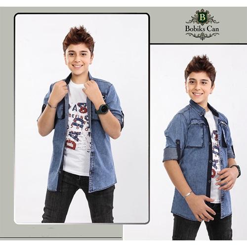 Bobiks 2707 Erkek Çocuk Cepli Mini Penyeli Kot Gömlek Tişört Takım 5-8 Yaş