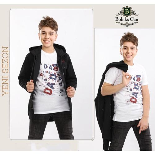 Bobiks 2713 Erkek Çocuk Kapşonlu Mini Penyeli Kot Gömlek Tişört Takım 5-8 Yaş