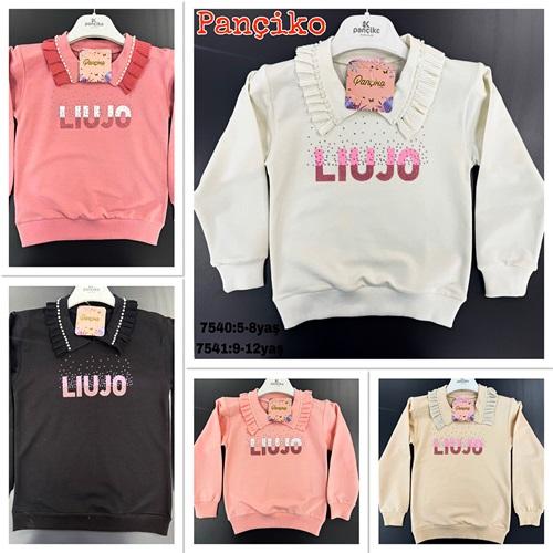 Pançiko 7541 Kız Çocuk Penye İncili Gömlek Yaka Lıujo Baskılı Sweat 9-12 Yaş
