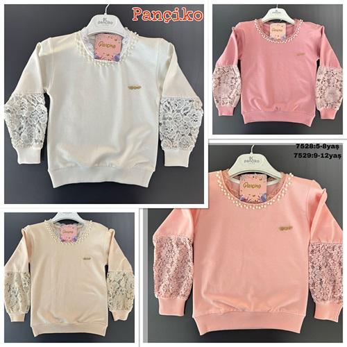 Pançiko 7528 Kız Çocuk Penye İncili Yaka Dantelli Sweat 5-8 Yaş