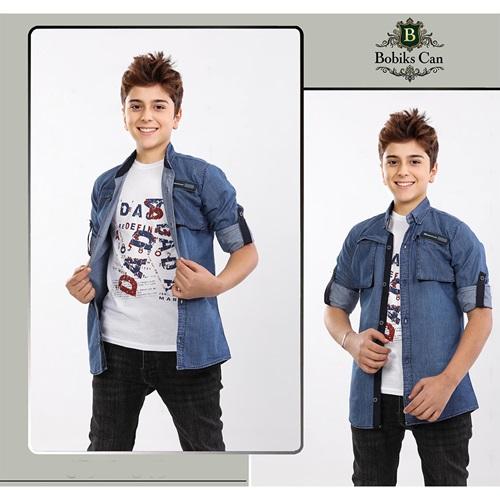 Bobiks Can 3711 Erkek Çocuk Şişme Cep Garson Kot Gömlek Tişört Takım 9-12 Yaş