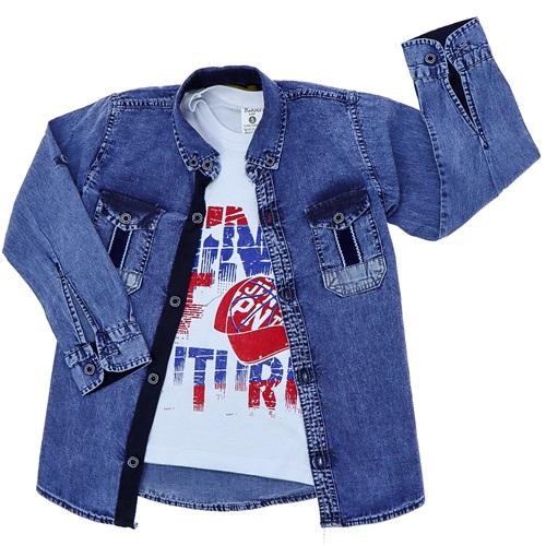 Bobiks Can 4706 Erkek Çocuk Kar Yıkama Garson Kot Gömlek Tişört Takım 13-16 Yaş