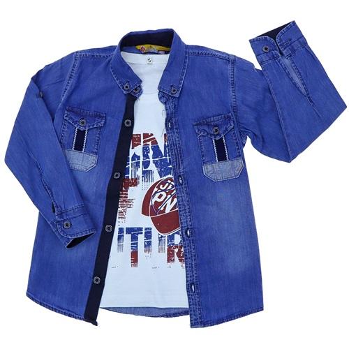 Bobiks Can 2704 Erkek Çocuk Mavi Şeritli Garson Kot Gömlek Tişört Takım 5-8 Yaş