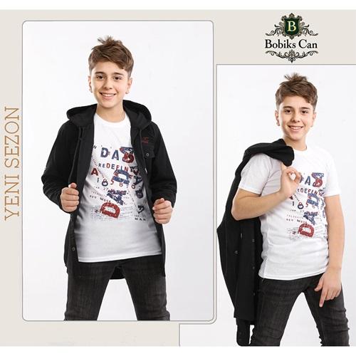 Bobiks Can 3713 Erkek Çocuk Siyah Kapşonlu Garson Kot Gömlek Tişört Takım 9-12 Yaş