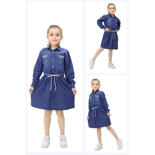 Bobiks 3702 Kız Çocuk Mini Kar Yıkama Kemerli Kot Elbise 9-12 Yaş