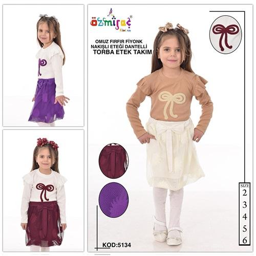 Özmiraç 5134 Kız Çocuk Fiyonk Nakışlı Fırfırlı Eteği Dantelli 2 Li Takım 2-6 Yaş