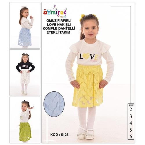 Özmiraç 5128 Kız Çocuk Love Nakışlı Omuz Fırfırlı Dantelli Etekli 2 Li Takım 2-6 Yaş
