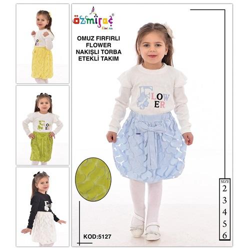 Özmiraç 5127 Kız Çocuk Flower Nakışlı Dantel Etekli Papyonlu 2 Li Takım 2-6 Yaş