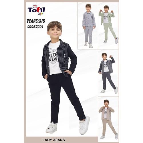 Tofil 2004 Erkek Çocuk Kol Çizgili Gömlekli Jakarlı 3 LüTakım 3-6 Yaş