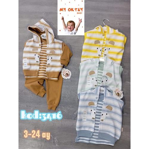 My Oktay 3416 Erkek Bebe Penye Çizgili Panda Nakışlı Kapşonlu 3 Lü Takım 3-24 Ay