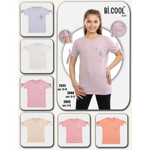 Bi Cool 2044 Kız Çocuk Penye Güpür Çiçek Modelli Tişört 9-12 Yaş