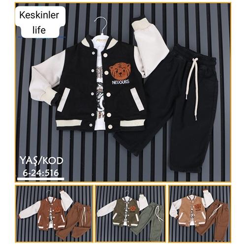 Keskinler Life 516 Erkek Çocuk Süet Ablike Sevimli Ayıcık Nakışlı 3 lü Takım 6-24 Ay
