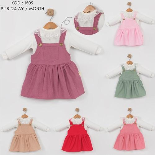 Tufitto 1609 Kız Bebe Kadife Cepli Yaka Güpürlü Elbise 9-24 Ay