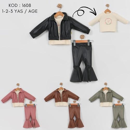 Tufitto 1608 Kız Bebe Penye Love Baskılı Deri Ceketli 3 Lü Takım 1-3 Yaş