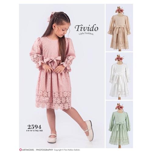 Tivido 2594 Kız Çocuk Brode Güpürlü Elbise 6-12 Yaş