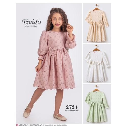 Tivido 2724 Kız Çocuk Brode Güpürlü Fiyonklu Elbise 6-12 Yaş