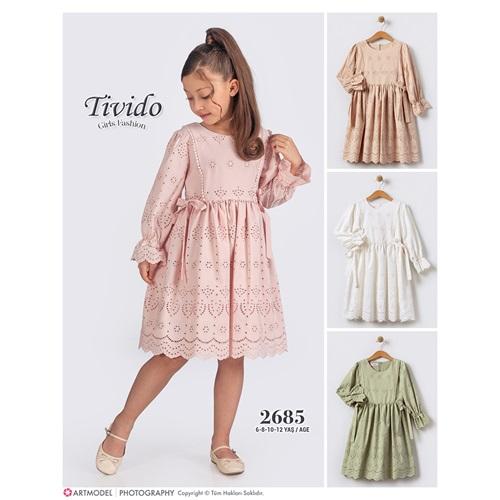 Tivido 2685 Kız Çocuk Güpürlü Uzun Fiyonklu Elbise 6-12 Yaş