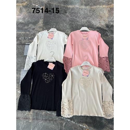 Pançiko 7515 Kız Çocuk Fitilli Kalp Nakışlı Kol Dantelli Sweat 9-12 Yaş