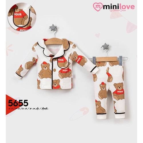 Mini love 5655 Bebe Penye Sevimli Ayıcık Baskılı Pijama Takımı 6-24 Ay