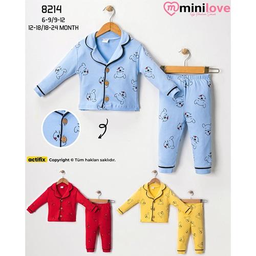 Mini love 8214 Bebe Gölgeli Poh Baskılı Düğmeli Pijama Takımı 6-24 Ay