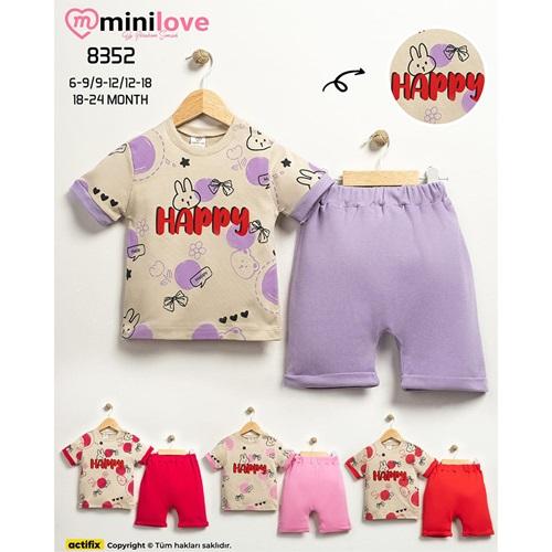 Mini love 8352 Kız Bebe Penye Happy Baskılı Kısa Kollu Takım 6-24 Ay