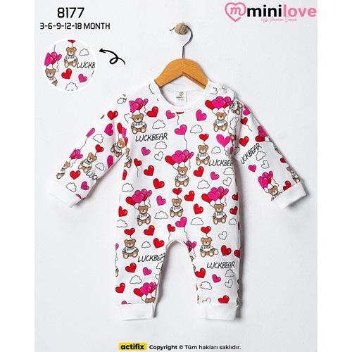 Mini love 8177 Bebe Kalpli Ayıcık Baskılı Tulum 3-18 ay