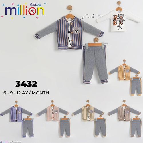 Million 3432 Erkek Bebe Penye Ayıcık Nakışlı 3 Lü Takım 6 Ay-18 Ay
