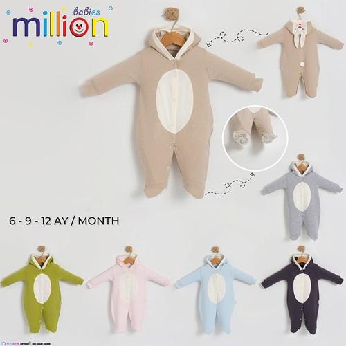 Million 4033 Erkek Bebe Penye Kapşonlu Tavşan Tulum 3-9 Ay